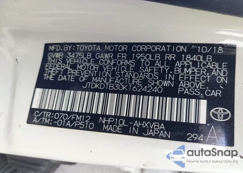 2019 Toyota Prius C L из США, поврежденный, VIN JTDKDTB30K1624240